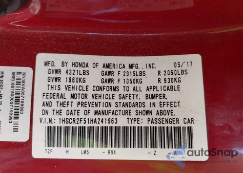 2017 Honda Accord Sport из США, поврежденный, VIN 1HGCR2F51HA241963